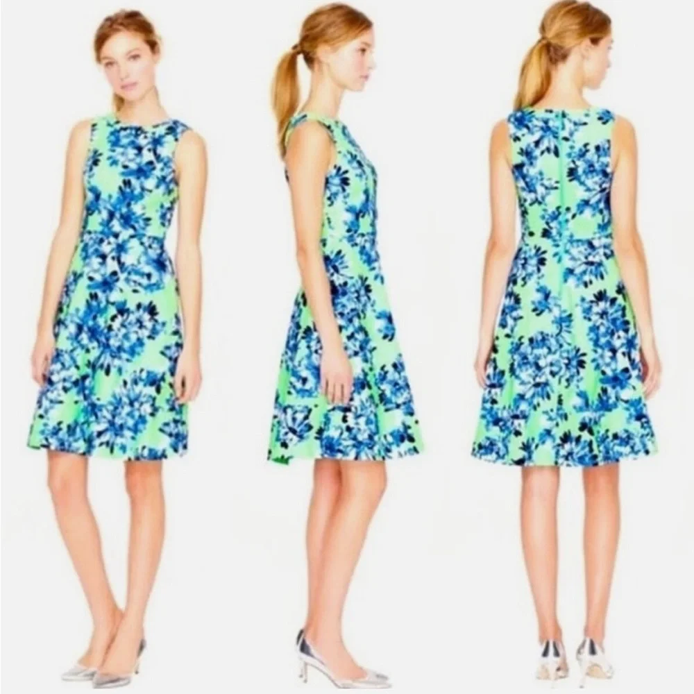 J.Crew Green Blue Floral Dress Fit and Flare Size 2